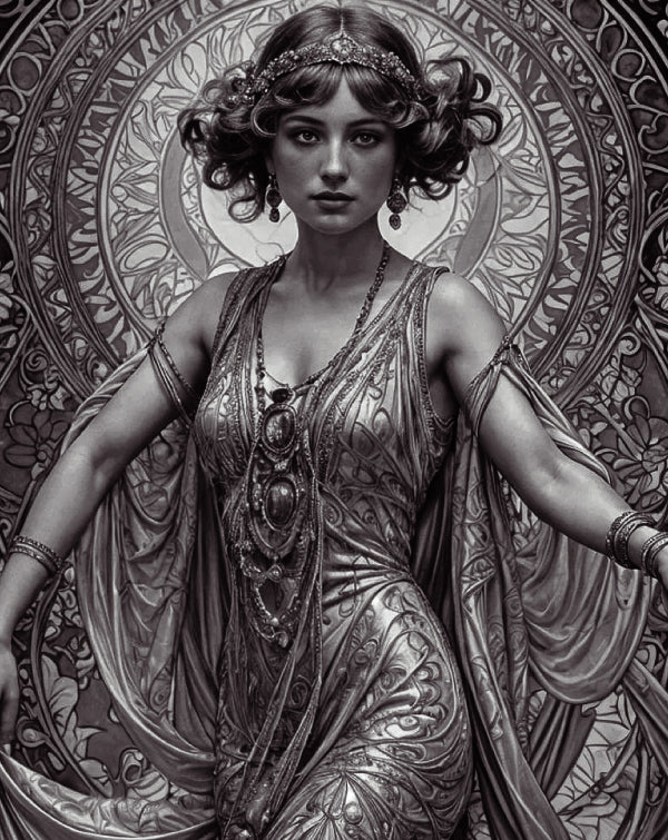 Artistic depiction of a woman in a detailed, ornate dress against a decorative background